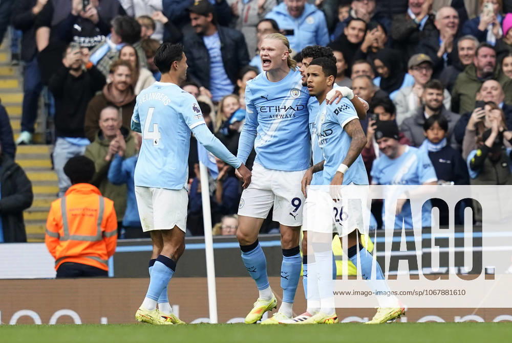 Manchester, England, 18th October 2025. Erling Haaland of Manchester City (C) celebrates after scoring the opening goal during the Manchester City vs Everton Premier League match at the Etihad Stadium, Manchester. Picture credit should read: Andrew Yates Sportimage . SPI_020_AY_MAN_CITY_EVERTON SPI-4220-0020