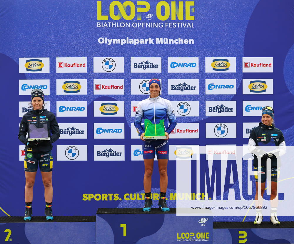 BIATHLON - Loop One Opening Festival MUNICH,GERMANY,19.OCT.25 - BIATHLON - Loop One Opening Festival. Image shows the rejoicing of Johanna Skottheim (SWE), Lisa Vittozzi (ITA) and Anna Magnusson (SWE). GEPAxpictures xThomasxBachun