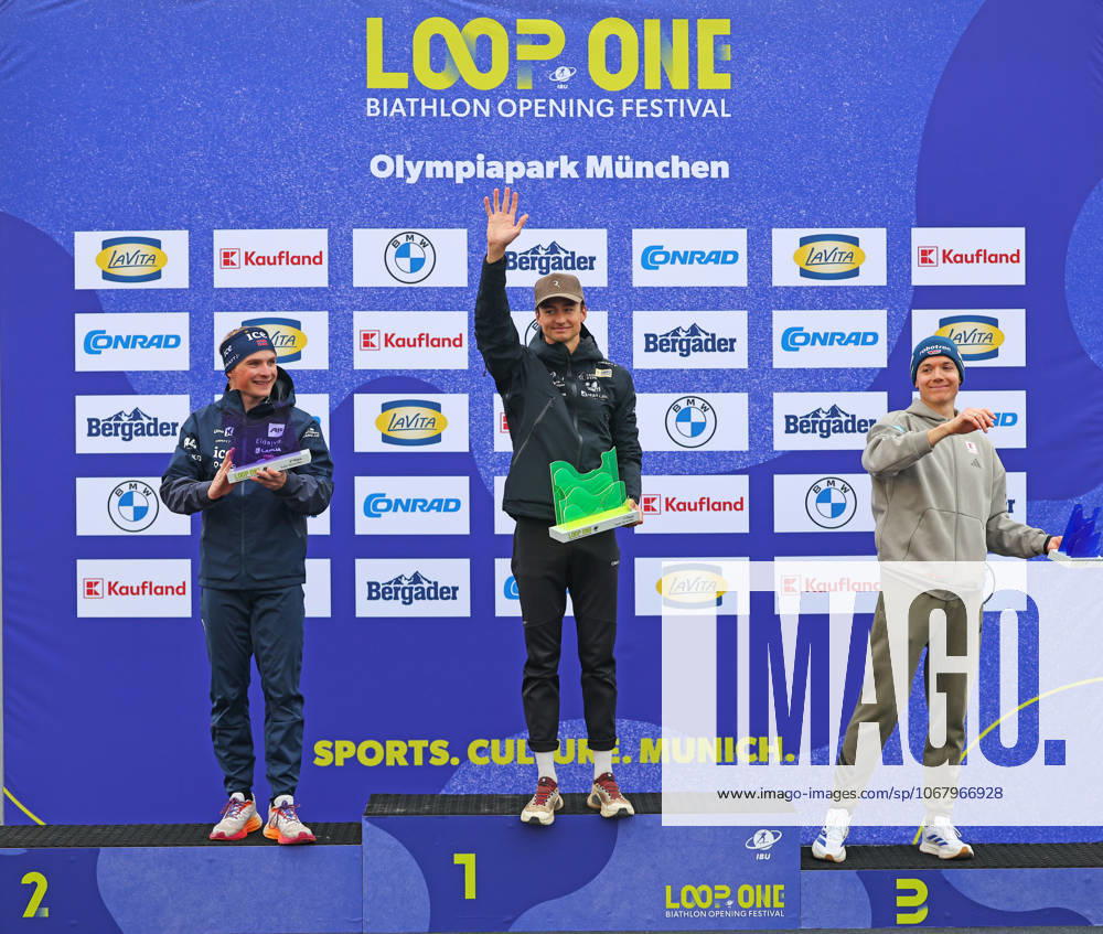 BIATHLON - Loop One Opening Festival MUNICH,GERMANY,19.OCT.25 - BIATHLON - Loop One Opening Festival. Image shows the rejoicing of Isak Leknes Frey (NOR), Eric Perrot (FRA) and Justus Strelow (GER). GEPAxpictures xThomasxBachun