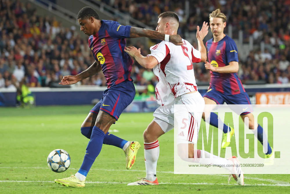 FC Barcelona, Barca v Olympiacos FC - UEFA Champions League 2025 26 League Phase MD3 Marcus Rashford and Lorenzo Pirola play during the match between FC Barcelona and Olympiacos FC, corresponding to Matchday 3 of the League phase of the UEFA Champions League, at the Lluis Companys Stadium in Barcelona, Spain, on October 21, 2025. Barcelona Barcelona Spain