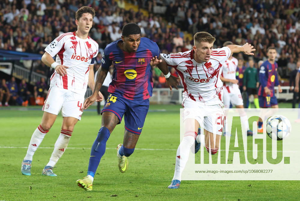 FC Barcelona, Barca v Olympiacos FC - UEFA Champions League 2025 26 League Phase MD3 Marcus Rashford and Costinha play during the match between FC Barcelona and Olympiacos FC, corresponding to Matchday 3 of the League phase of the UEFA Champions League, at the Lluis Companys Stadium in Barcelona, Spain, on October 21, 2025. Barcelona Barcelona Spain