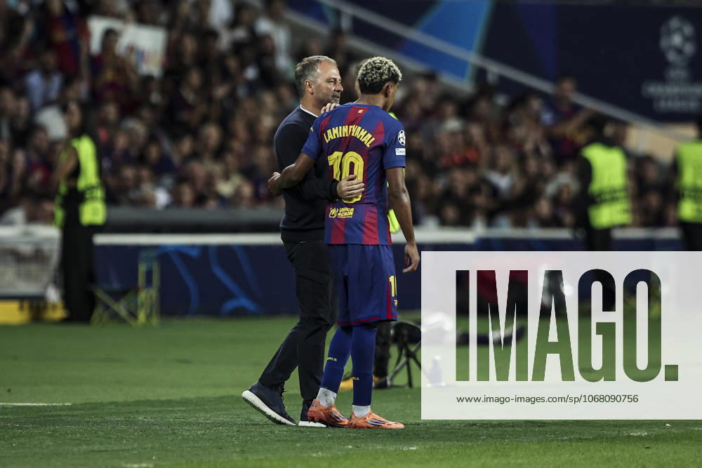 FC Barcelona, Barca v Olympiacos FC - UEFA Champions League 2025 26 League Phase MD3 Hansi Flick, coach of FC Barcelona, talks with Lamine Yamal of FC Barcelona during the UEFA Champions League 2025 26 League match between FC Barcelona and Olympiacos FC at Estadi Olimpic Lluis Companys in Barcelona, Spain, on October 21, 2025. Barcelona Spain