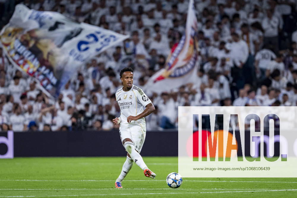 Real Madrid CF vs Juventus FC - UEFA Champions League 2025 26 League Phase MD3 Eder Militao of Real Madrid is in action with the ball during the UEFA Champions League 2025 26 League Phase MD3 match between Real Madrid C.F. and Juventus at Estadio Santiago Bernabeu on October 22, 2025 in Madrid, Spain. Madrid Estadio Santiago Bernabeu Madrid Spain