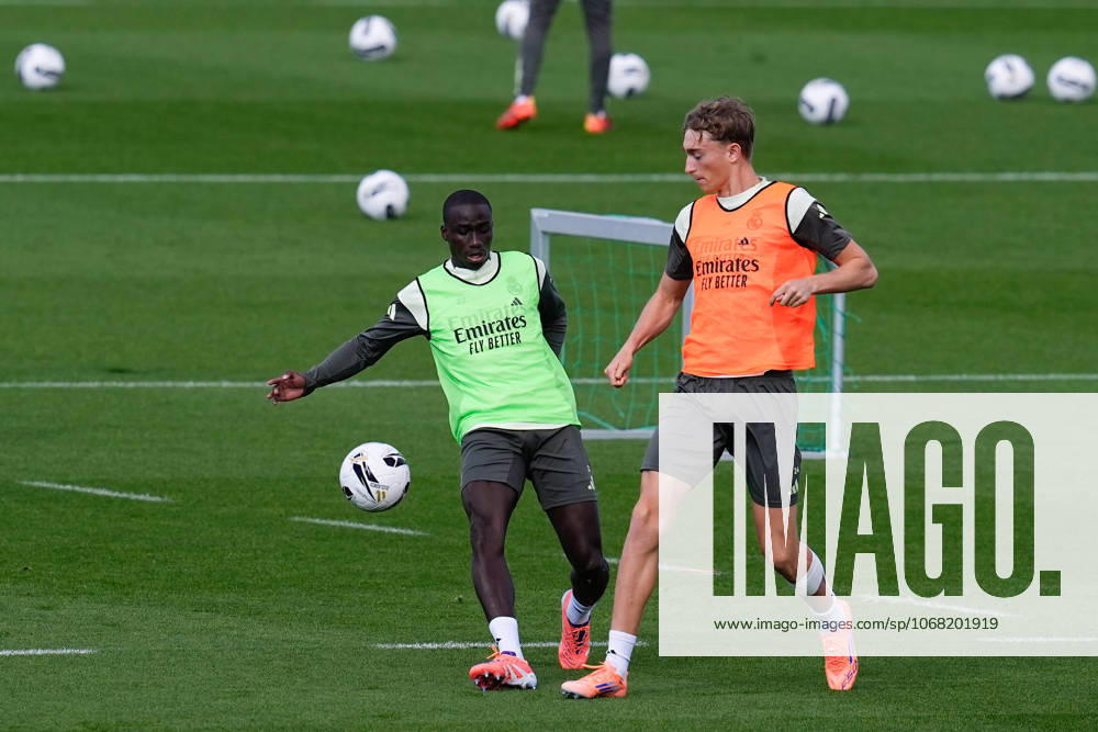 Dean Huijsen and Ferland Mendy during the Real Madrid training session ahead their upcoming Spanish League, LaLiga EA Sports, football match against FC Barcelona, Barca at Ciudad Deportiva Real Madrid on October 25, 2025, in Valdebebas, Madrid, Spain. Valdebebas Spain - ZUMAa181 20251025_zaa_a181_068