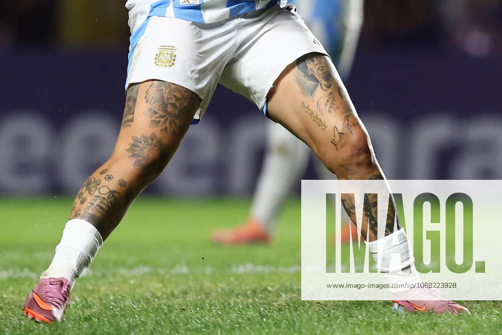 Detail of Argentina s forward Yamila Rodriguezs legs with tattoos of former Argentine soccer player Diego Maradona and Portuguese striker Cristiano Ronaldo during the CONMEBOL Women s Nations League football match, qualifier for the 2027 World Cup in Brazil, between Argentina and Paraguay, at the Diego Armando Maradona stadium in Buenos Aires, Argentina on October 24, 2025. BUENOS AIRES ARGENTINA