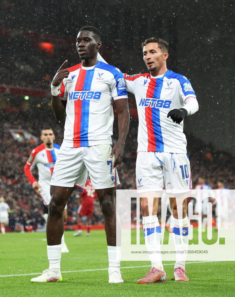 Liverpool, England, 29th October 2025. Ismaila Sarr of Crystal Palace (l) celebrates scoring their first goal with Yeremi Pino of Crystal Palace (r) during the Liverpool vs Crystal Palace Carabao Cup match at Anfield, Liverpool. Picture credit should read: Jessica Hornby Sportimage . SPI_009_JH_Liverpool_Crystal_Palace SPI-4246-0009