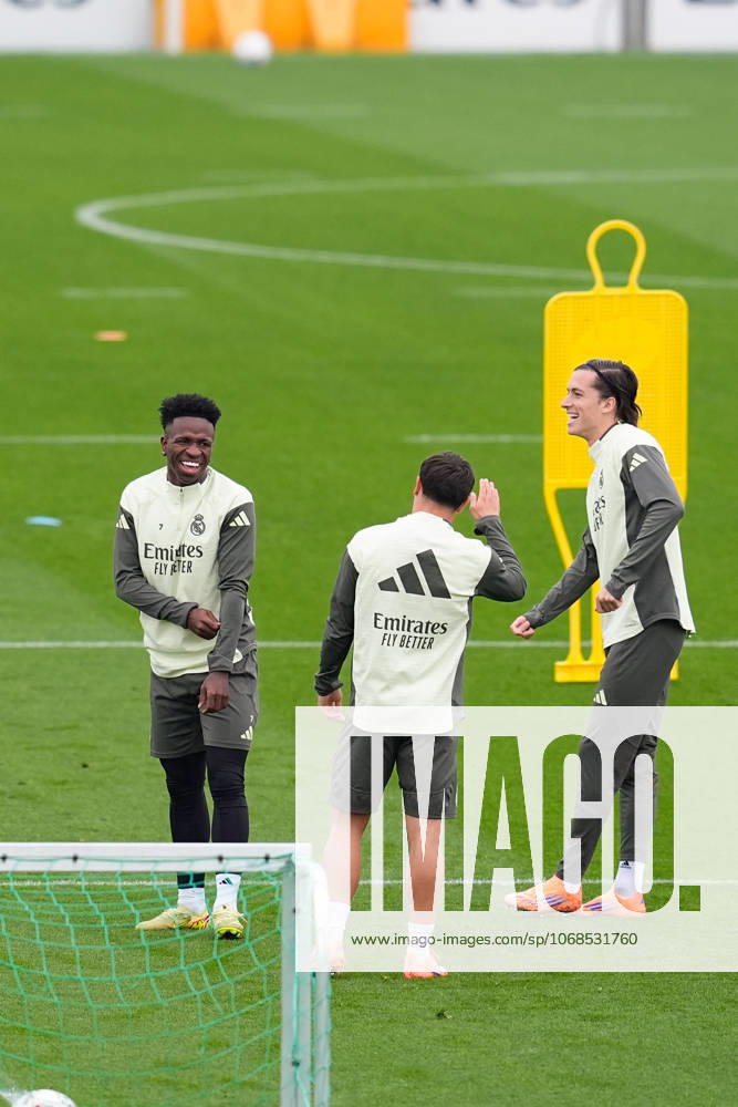 Vinicius Junior, Alvaro Carreras and Brahim Diaz during the training day of Real Madrid ahead the Spanish League, LaLiga EA Sports, football match against Valencia CF at Ciudad Deportiva Real Madrid on October 31, 2025, in Valdebebas, Madrid, Spain. Valdebebas Spain - ZUMAa181 20251031_zaa_a181_048