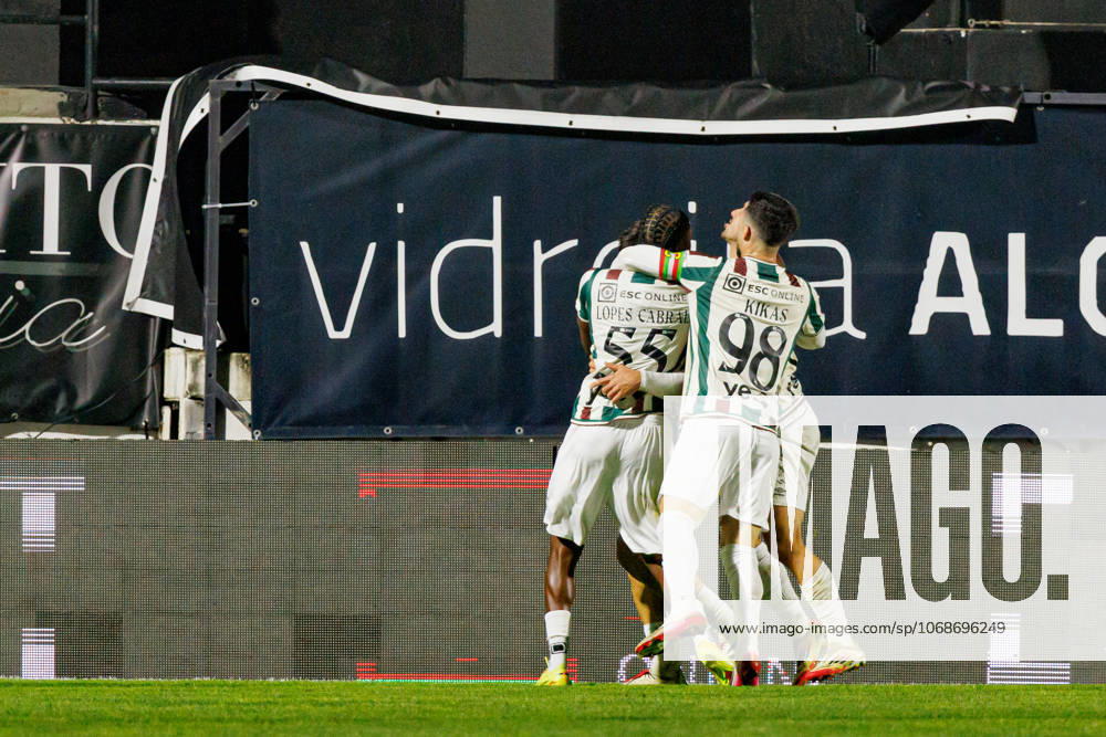 Players of Estrela seen celebrating after scoring goal during Liga Portugal game between teams of CF Estrela Amadora and Rio Ave FC at Estadio Jose Gomes (Maciej Rogowski Ball Raw Images) Amadora Estadio Jose Gomes Portugal