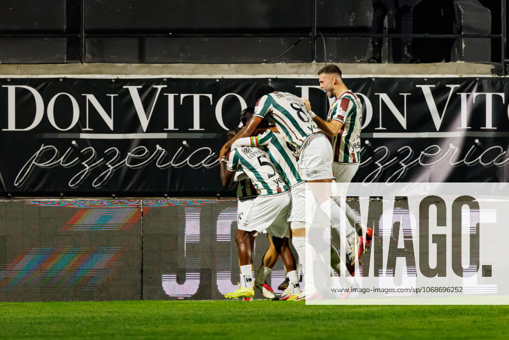 Players of Estrela seen celebrating after scoring goal during Liga Portugal game between teams of CF Estrela Amadora and Rio Ave FC at Estadio Jose Gomes (Maciej Rogowski Ball Raw Images) Amadora Estadio Jose Gomes Portugal