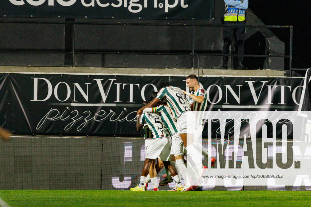 Players of Estrela seen celebrating after scoring goal during Liga Portugal game between teams of CF Estrela Amadora and Rio Ave FC at Estadio Jose Gomes (Maciej Rogowski Ball Raw Images) Amadora Estadio Jose Gomes Portugal