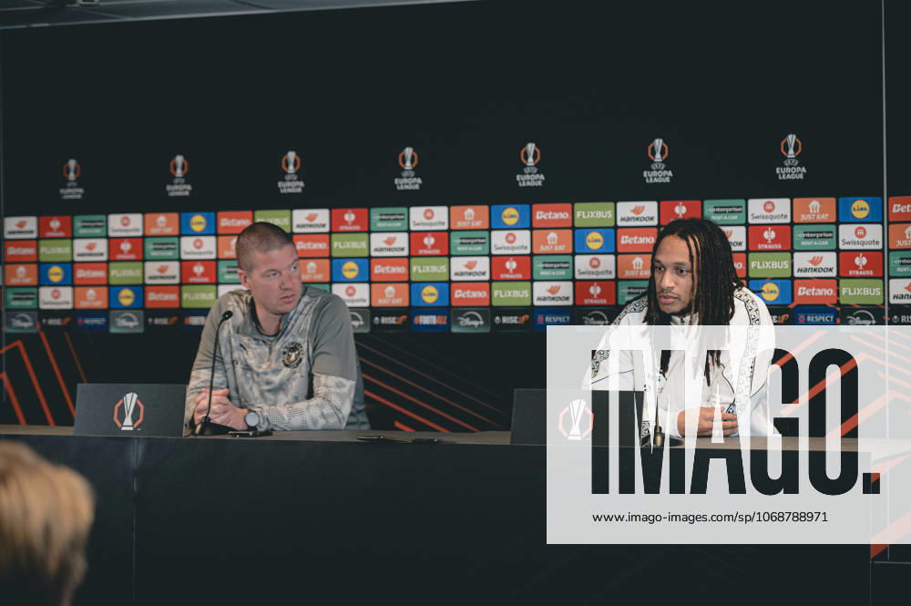 FC Midtjylland press conference, PK, Pressekonferenz - Europa League Herning, Denmark - November 5: Head coahc Mike Tullberg and Kevin Mbabu during FC Midtjylland press conference ahead of the match against Glasgow Celtic in UEFA Europa League at MCH Arena Herning MCH Arena Denmark