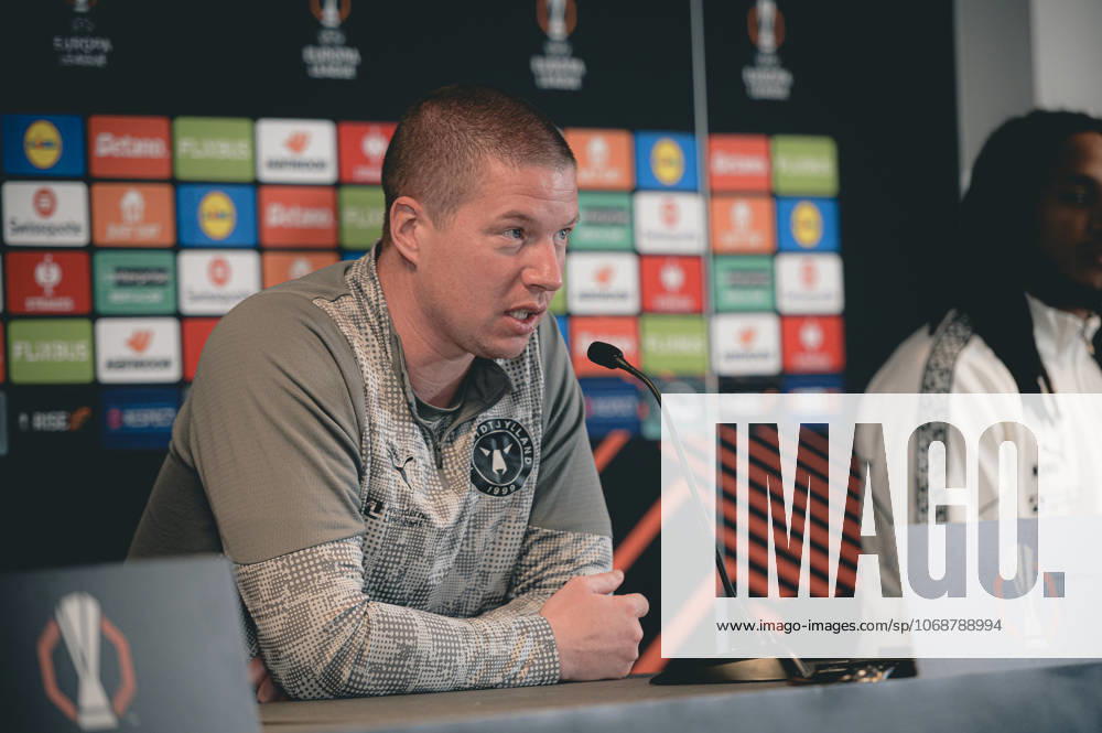 FC Midtjylland press conference, PK, Pressekonferenz - Europa League Herning, Denmark - November 5: Head coahc Mike Tullberg and Kevin Mbabu during FC Midtjylland press conference ahead of the match against Glasgow Celtic in UEFA Europa League at MCH Arena Herning MCH Arena Denmark