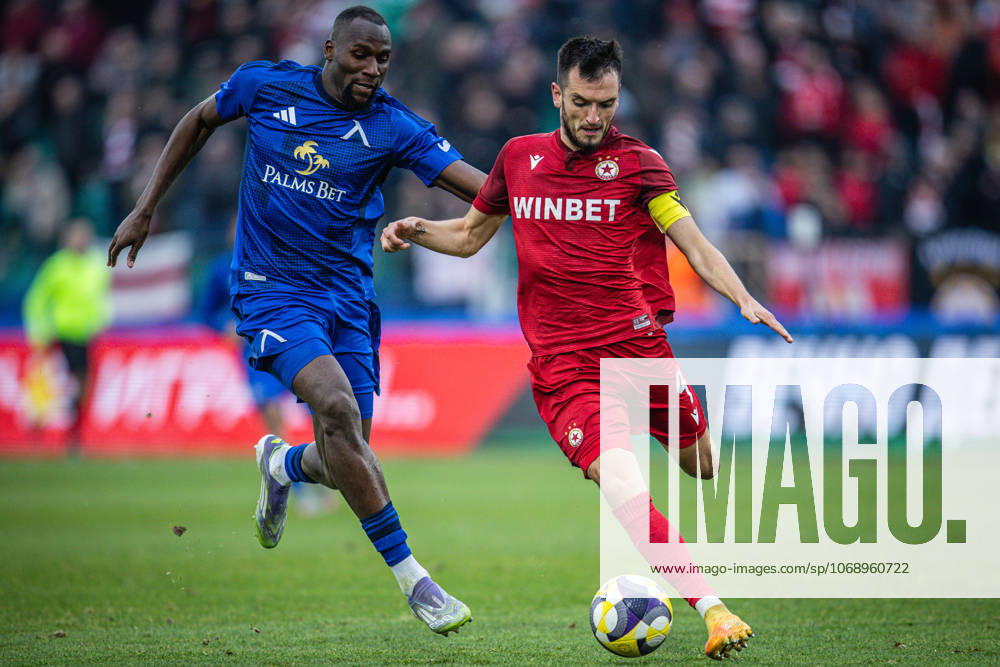 Football - Efbet league - 15th leg - The Eternal Derby - PFC Levski (Sofia) - PFC CSKA (Sofia) - 08.11.2025 Mustapha Sangaré of PFC Levski and Adrian Lapenа of PFC CSKA in action during The Eternal Derby between PFC Levski (Sofia) and PFC CSKA (Sofia) Bulgaria