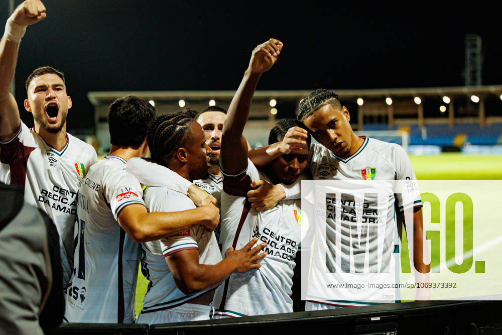 Players of Estrela seen celebrating after goal from Sidny Lopes Cabral during Liga Portugal game between teams of Casa Pia and CF Estrela Amadora at Estadio Municipal Rio Maior (Maciej Rogowski Ball Raw Images) Rio Maior Estadio Municipal Rio Maior Portugal