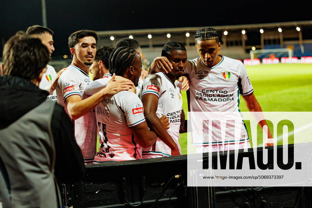 Players of Estrela seen celebrating after goal from Sidny Lopes Cabral during Liga Portugal game between teams of Casa Pia and CF Estrela Amadora at Estadio Municipal Rio Maior (Maciej Rogowski Ball Raw Images) Rio Maior Estadio Municipal Rio Maior Portugal