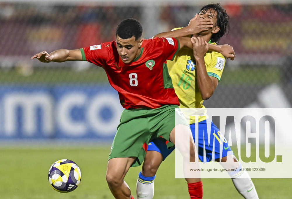 Morocco v Brazil : Quarter-final- FIFA U-17 World Cup Qatar 2025 Arthur Ryan (L) of Brazil and Abdellah Ouazane of Morocco in action during the FIFA U-17 World Cup Qatar 2025 Quarter-final match between Morocco and Brazil in Doha, Qatar, on November 21, 2025. DOHA Qatar