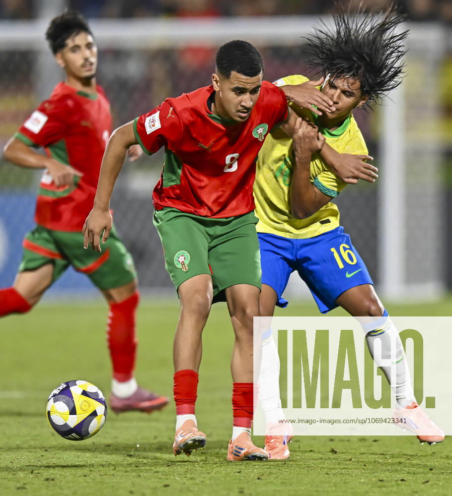 Morocco v Brazil : Quarter-final- FIFA U-17 World Cup Qatar 2025 Arthur Ryan (L) of Brazil and Abdellah Ouazane of Morocco in action during the FIFA U-17 World Cup Qatar 2025 Quarter-final match between Morocco and Brazil in Doha, Qatar, on November 21, 2025. DOHA Qatar
