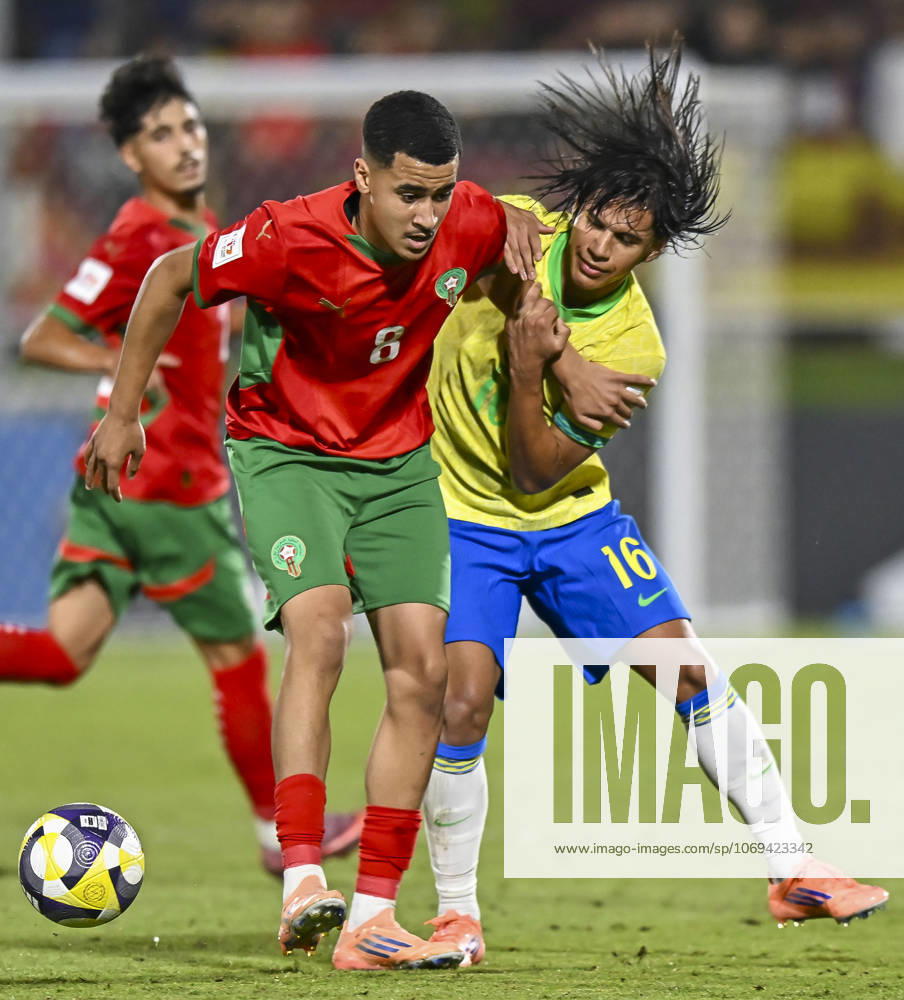 Morocco v Brazil : Quarter-final- FIFA U-17 World Cup Qatar 2025 Arthur Ryan (L) of Brazil and Abdellah Ouazane of Morocco in action during the FIFA U-17 World Cup Qatar 2025 Quarter-final match between Morocco and Brazil in Doha, Qatar, on November 21, 2025. DOHA Qatar