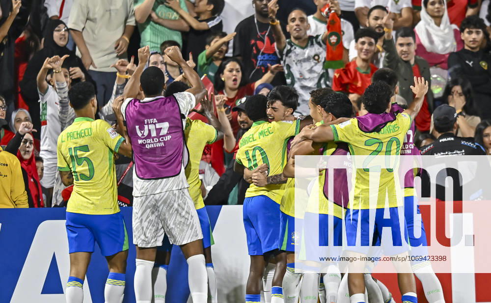 Morocco v Brazil : Quarter-final- FIFA U-17 World Cup Qatar 2025 Players of Brazil celebrate after scoring the team s second goal during the FIFA U-17 World Cup Qatar 2025 Quarter-final match between Morocco and Brazil in Doha, Qatar, on November 21, 2025. DOHA Qatar