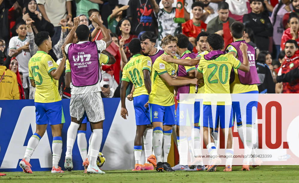 Morocco v Brazil : Quarter-final- FIFA U-17 World Cup Qatar 2025 Dell (C) of Brazil celebrate after scoring the team s second goal during the FIFA U-17 World Cup Qatar 2025 Quarter-final match between Morocco and Brazil in Doha, Qatar, on November 21, 2025. DOHA Qatar