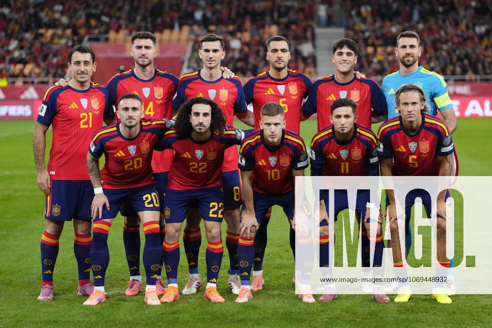 Spain v Türkiye - FIFA World Cup, WM, Weltmeisterschaft, Fussball 2026 Qualifier Spain line up (L-R) Mikel Oyarzabal, Aymeric Laporte, Fabian Ruiz, Mikel Merino, Pau Cubarsi, Unai Simon, Aleix Garcia, Marc Cucurella, Dani Olmo, Yeremy Pino, Marcos Llorente during the FIFA World Cup 2026 qualifier match between Spain and Türkiye at Estadio de La Cartuja on November 18, 2025 in Seville, Spain. Seville Spain