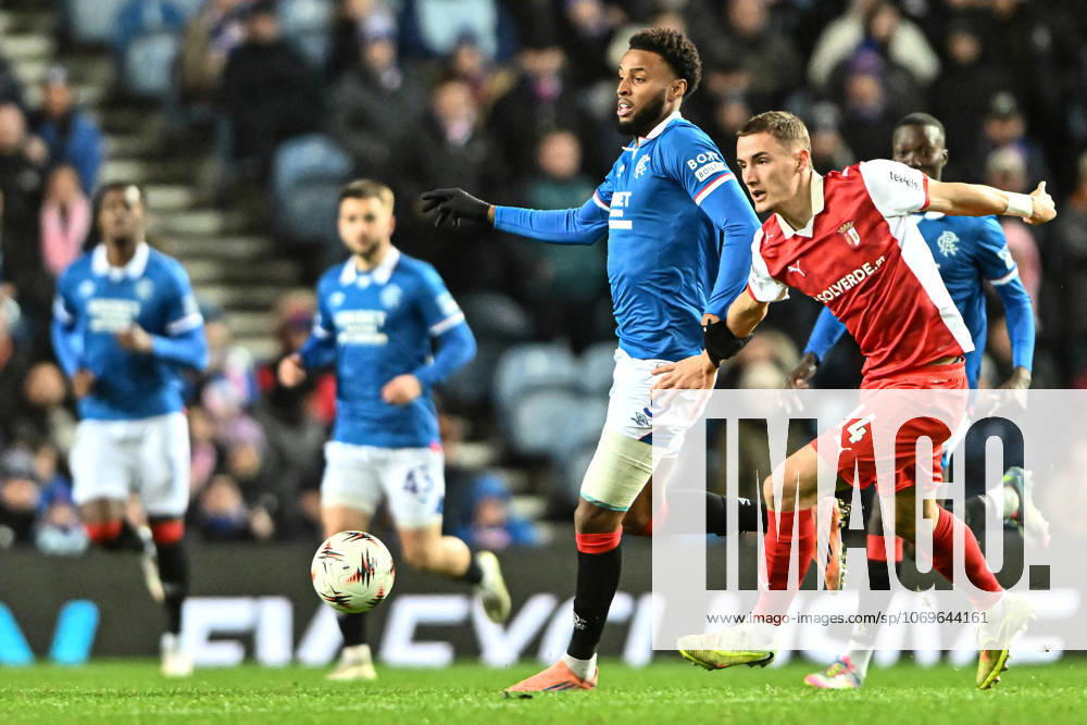 Rangers v S.C. Braga UEFA Europa League Youssef Chermiti of Rangers and Gustaf Lagerbielke of S.C. Braga during the UEFA Europa League match at Ibrox Stadium, Glasgow UK Newspapers OUT