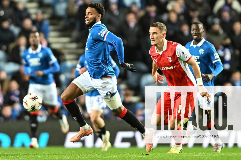 Rangers v S.C. Braga UEFA Europa League Youssef Chermiti of Rangers and Gustaf Lagerbielke of S.C. Braga during the UEFA Europa League match at Ibrox Stadium, Glasgow UK Newspapers OUT