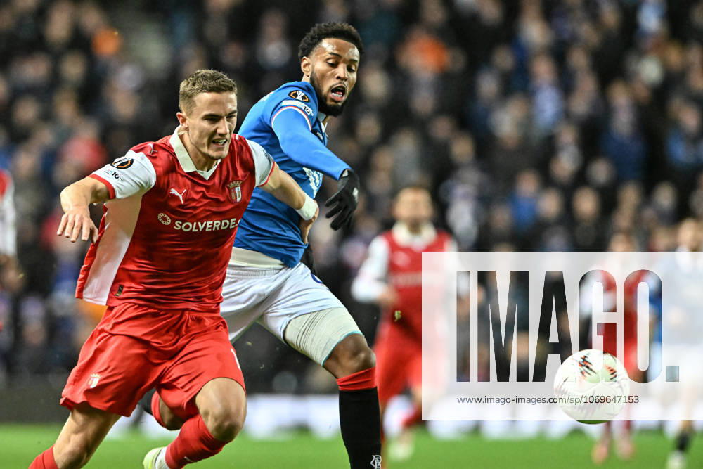 Rangers v S.C. Braga UEFA Europa League Youssef Chermit of Rangers and Gustaf Lagerbielke of S.C. Braga during the UEFA Europa League match at Ibrox Stadium, Glasgow UK Newspapers OUT