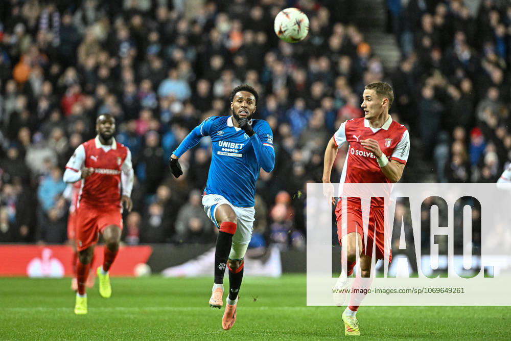 Rangers v S.C. Braga UEFA Europa League Youssef Chermit of Rangers and Gustaf Lagerbielke of S.C. Braga during the UEFA Europa League match at Ibrox Stadium, Glasgow UK Newspapers OUT