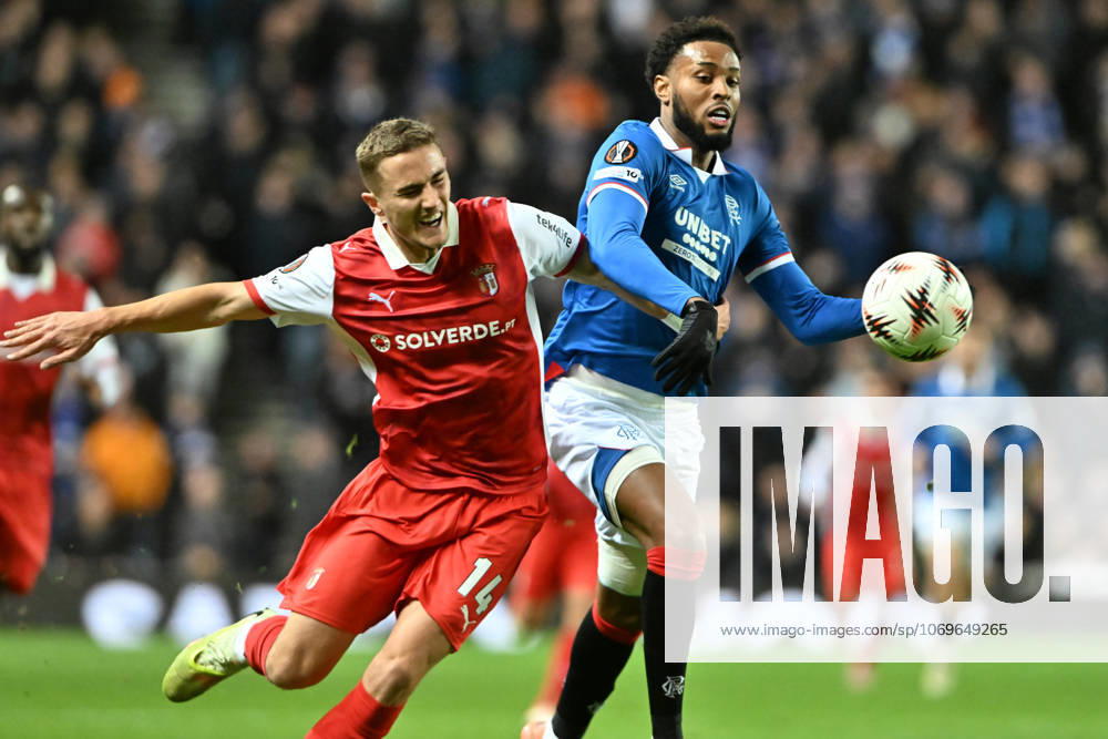 Rangers v S.C. Braga UEFA Europa League Youssef Chermit of Rangers and Gustaf Lagerbielke of S.C. Braga during the UEFA Europa League match at Ibrox Stadium, Glasgow UK Newspapers OUT