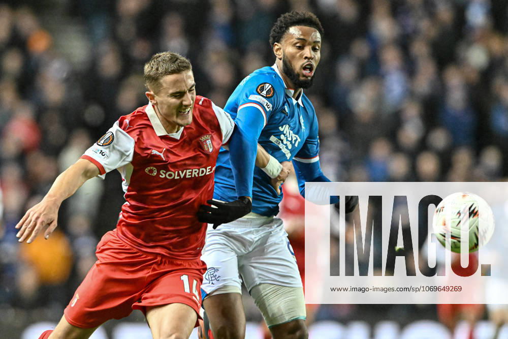 Rangers v S.C. Braga UEFA Europa League Youssef Chermit of Rangers and Gustaf Lagerbielke of S.C. Braga during the UEFA Europa League match at Ibrox Stadium, Glasgow UK Newspapers OUT