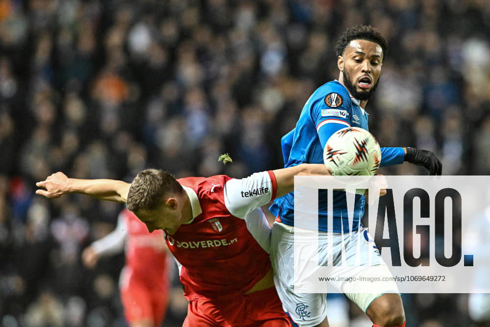 Rangers v S.C. Braga UEFA Europa League Youssef Chermit of Rangers and Gustaf Lagerbielke of S.C. Braga during the UEFA Europa League match at Ibrox Stadium, Glasgow UK Newspapers OUT