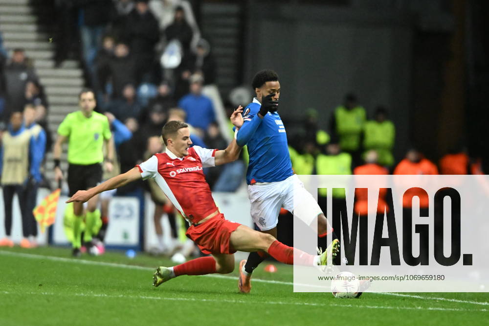 Rangers v S.C. Braga UEFA Europa League Youssef Chermiti of Rangers is tackled by Gustaf Lagerbielke of S.C. Braga during the UEFA Europa League match at Ibrox Stadium, Glasgow UK Newspapers OUT