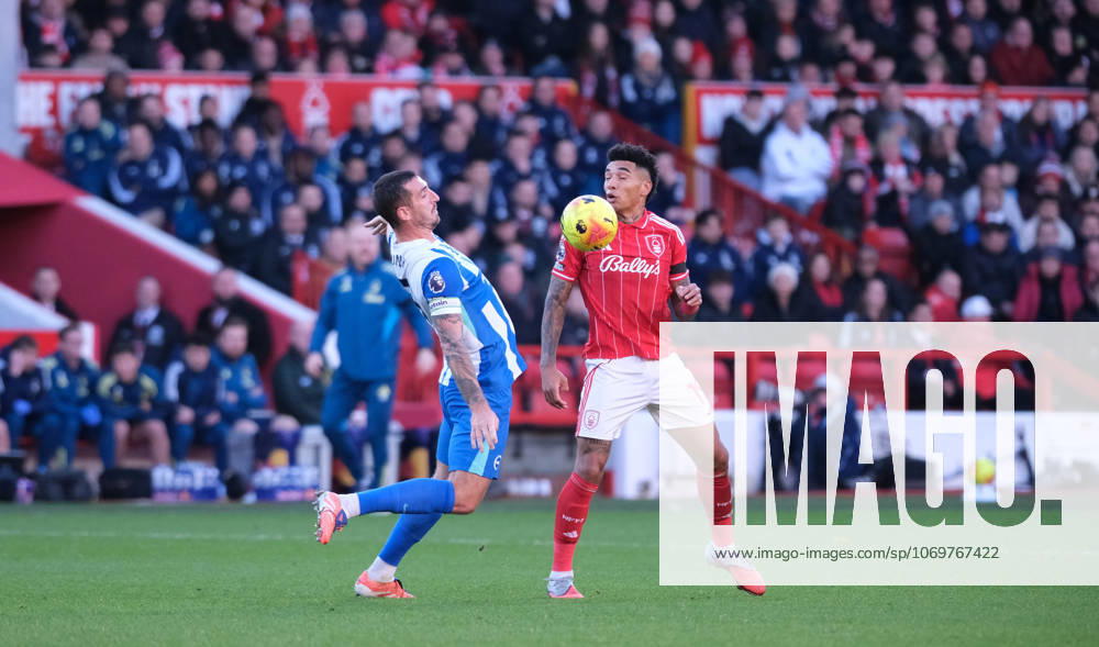 Lewis Dunk of Brighton & Hove Albion and Igor Jesus of Nottingham Forest seen in action during the Premier league football match between Nottingham Forest and Brighton Hove Albion at City Ground in Nottingham.