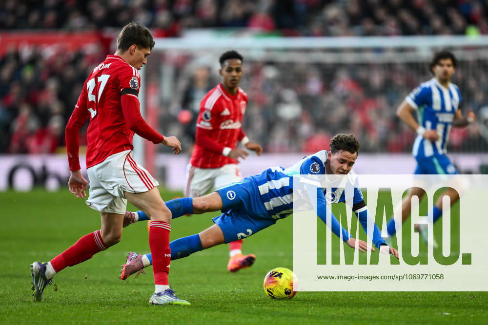 Nottingham, England, 30th November 2025. Maxim De Cuyper of Brighton is fouled by Nicolo Savona of Nottingham Forest during the Nottingham Forest vs Brighton and Hove Albion Premier League match at the City Ground, Nottingham. Picture credit should read: Craig Thomas Sportimage . SPI_048_CT_Nottingham_Forest_vs_Brighton_and_Hove_Albion SPI-4337-0059