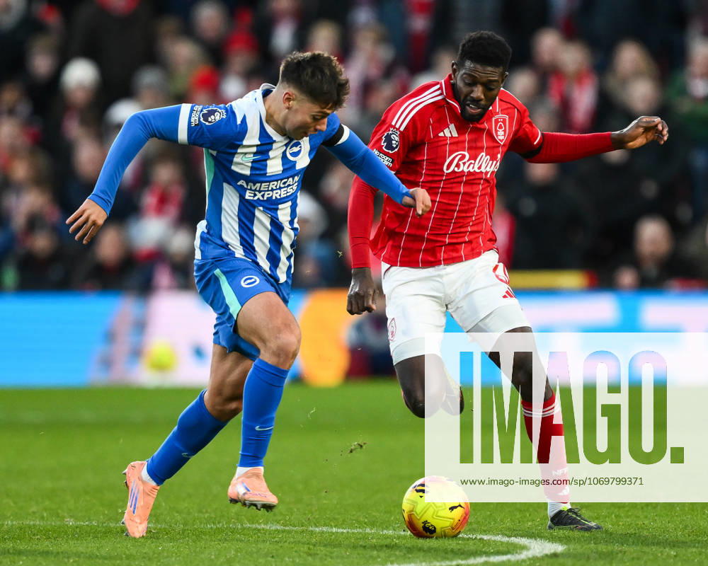 Nottingham, England, 30th November 2025. Stefanos Tzimas of Brighton and Ibrahim Sangare of Nottingham Forest battles for the ball during the Nottingham Forest vs Brighton and Hove Albion Premier League match at the City Ground, Nottingham. Picture credit should read: Craig Thomas Sportimage . Z92_2103 SPI-4337-0139