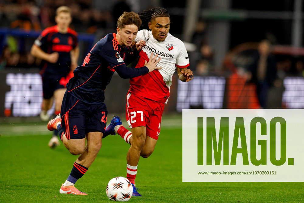 2025-12-11 FC Utrecht v Nottingham Forest FC - UEFA Europa League 2025 26 League Phase MD6 UTRECHT, NETHERLANDS - DECEMBER 11: James McAtee of Nottingham Forest FC battles for possession with Alonzo Engwanda of FC Utrecht during the UEFA Europa League 2025 26 League Phase MD6 match between FC Utrecht and Nottingham Forest FC at Stadion Galgenwaard on December 11, 2025 in Utrecht, Netherlands. Utrecht Stadion Galgenwaard Netherlands Content not available for redistribution in The Netherlands directly or indirectly through any third parties.