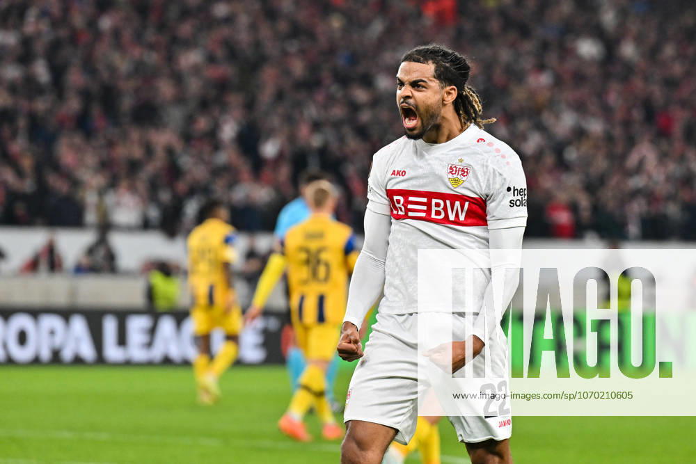 Europa League; VfB Stuttgart - Maccabi Tel Aviv; 11.12.2025 STUTTGART, GERMANY - 11. DECEMBER: Jubel der Schwaben nach dem Treffer zum 1-0 durch Lorenz ASSIGNON (VfB Stuttgart 22) Tor Torschuetze Freude Happy während dem Match zwischen dem VfB Stuttgart und Maccabi Tel Aviv am 6. Spieltag der UEFA Europa League Ligaphase in der MHP Arena