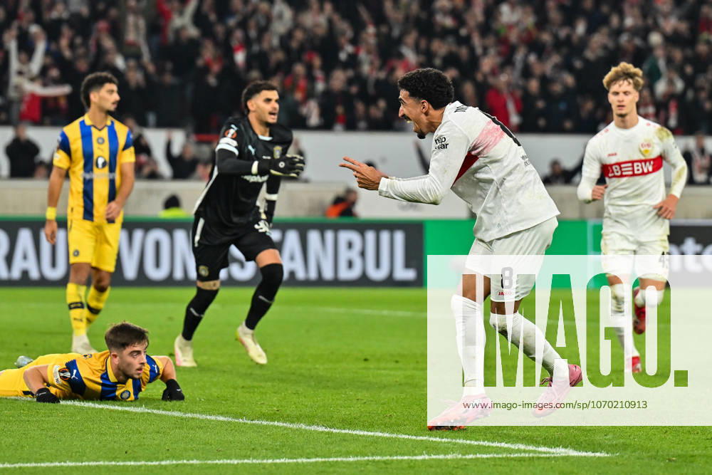 Europa League; VfB Stuttgart - Maccabi Tel Aviv; 11.12.2025 STUTTGART, GERMANY - 11. DECEMBER: Jubel der Schwaben nach dem Treffer zum 2-0 durch Tiago TOMAS (VfB Stuttgart 8) Tor Torschuetze Freude Happy während dem Match zwischen dem VfB Stuttgart und Maccabi Tel Aviv am 6. Spieltag der UEFA Europa League Ligaphase in der MHP Arena