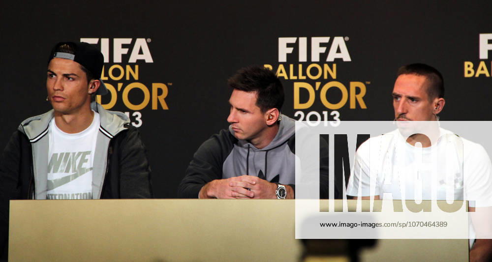 FIFA Ballon d Or 2013 Real Madrid s Cristiano Ronaldo (L), Barcelona s Lionel Messi (M) and Bayern Munich s Franck Ribery (R) attend a press conference, PK, Pressekonferenz before the FIFA Ballon d Or 2013 award ceremony, January 13, 2014, Zurich, Switzerland. Zürih Isviçre. Editorial use only. Please get in touch for any other usage.