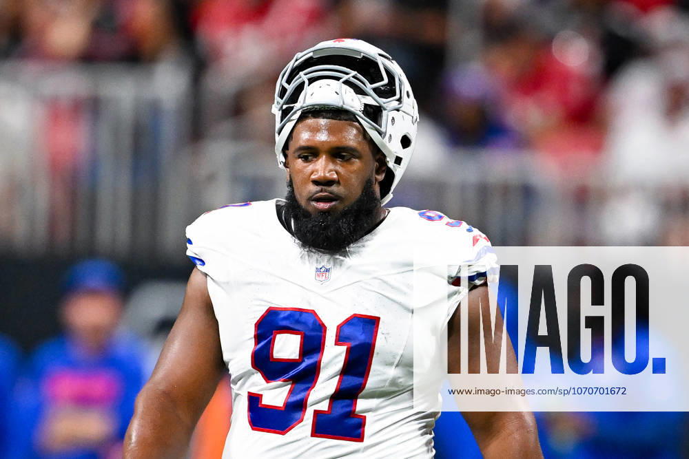 ATLANTA, GA - OCTOBER 13: Buffalo defensive tackle Ed Oliver (91) reacts during the NFL, American Football Herren, USA game between the Buffalo Bills and the Atlanta Falcons on October 13th, 2025 at Mercedes-Benz Stadium in Atlanta, GA. (Photo by Rich von Biberstein Icon Sportswire) NFL: OCT 13 Bills at Falcons Icon251013127