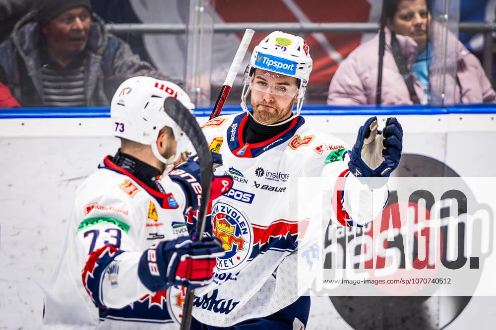 SLOVAN BRATISLAVA - HKM ZVOLEN Marek Hecl of Zvolen celebrates a goal with Michal Beno during Slovak Ice hockey, Eishockey Eishockey Tipsport liga match between HC Slovan Bratislava and HKM Zvolen at Ondrej Nepela Arena in Bratislava. Bratislava, Slovakia, December 28, 2025. Photo by Branislav Racko.