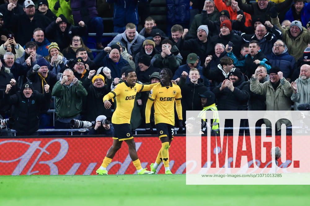 Liverpool, England, 7th January 2026. Mateus Mane of Wolverhampton Wanderers (R) celebrates with teammate Jackson Tchatchoua after scoring his teams first goal during the Everton vs Wolverhampton Wanderers Premier League match at Hill Dickinson Stadium, Liverpool. Picture credit should read: Jessica Hornby Sportimage . SPI_039_JH_EVERTON_WOLVES SPI-4436-0039