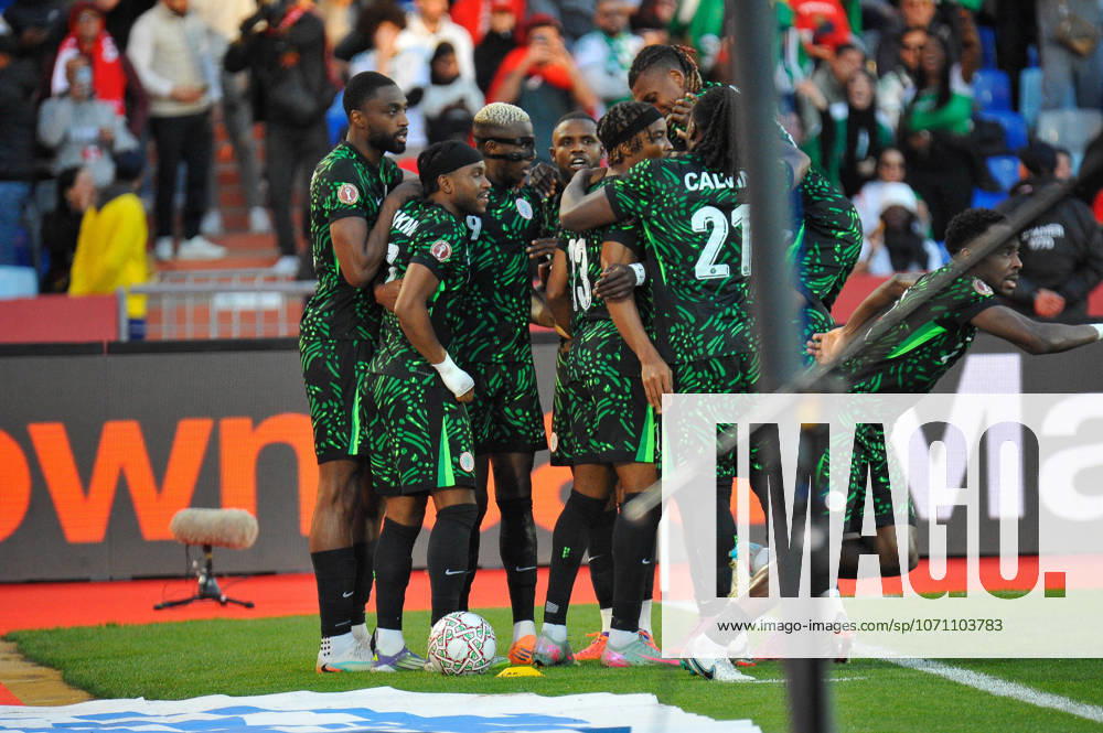 Nigeria Victor Osimhen, Akor Adams celebrate goal during the Africa Cup of Nations (AFCON) match between Algeria and Nigeria at the Grand Stade on January 10th, 2026 in Marrakech, Morocco. Photo by Segun Ogunfeyitimi