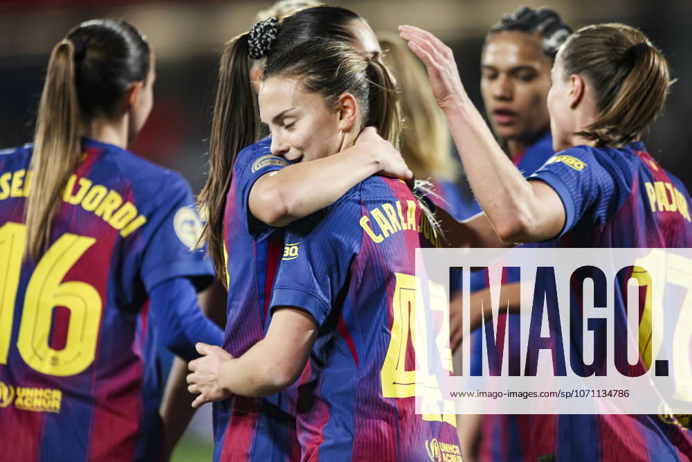 FC Barcelona, Barca Femeni V Madrid CFF - Liga F Moeve Carla Julia of FC Barcelona celebrates after scoring a goal with her teammates during the Liga F Moeve match between FC Barcelona Femeni and Madrid CFF at Estadi Johan Cruyff in Barcelona, Spain, on January 10, 2026. Barcelona Spain