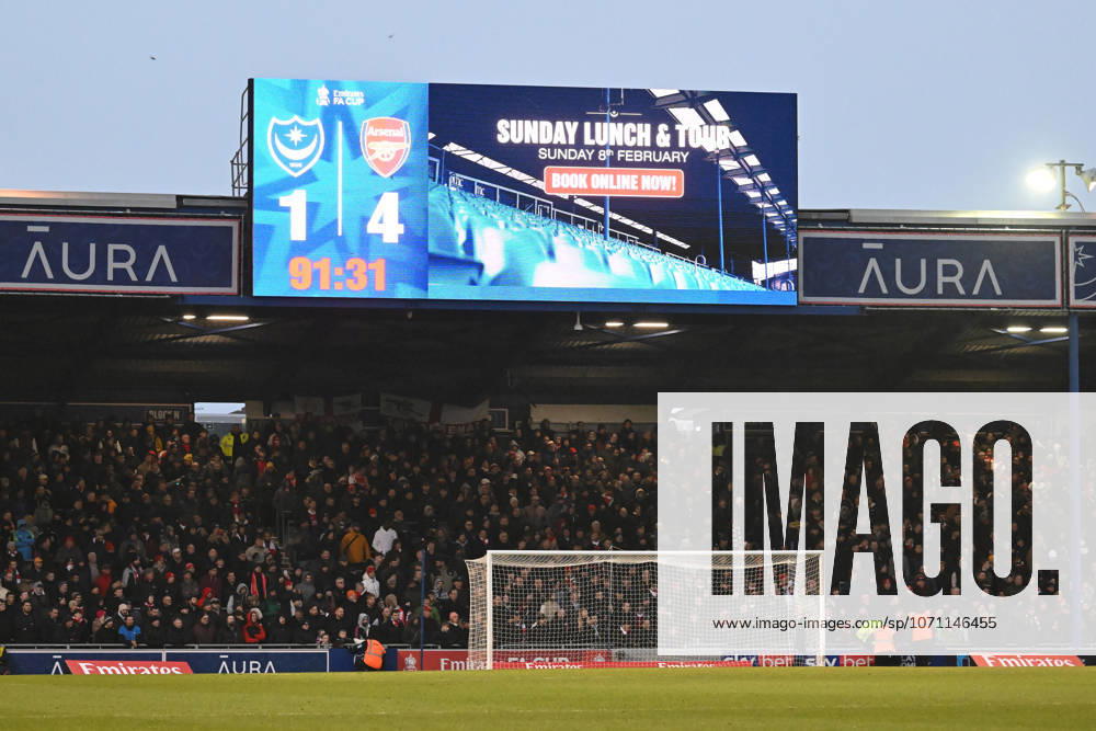 Portsmouth v Arsenal, FA Cup, 3rd Round The scoreboard showing 1-4 to Arsenal in injury time during the FA Cup match between Portsmouth and Arsenal at Fratton Park, Portsmouth, UK on 11 January 2026. Portsmouth Fratton Park Hampshire UK Editorial use only DataCo restrictions apply See www.football-dataco.com ,