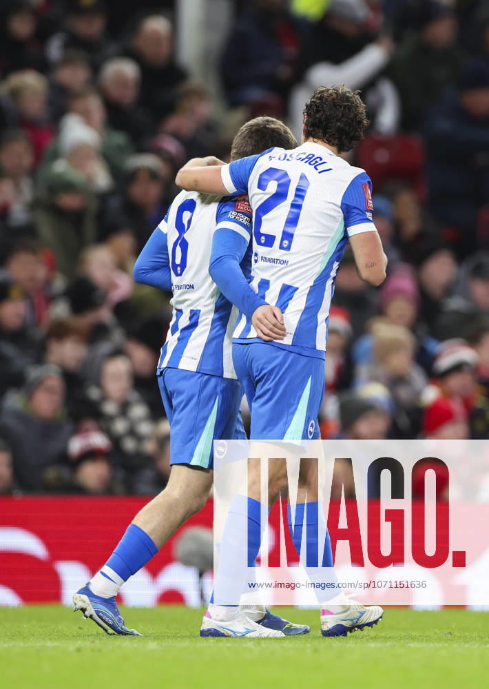 Manchester United, ManU v Brighton & Hove Albion, Emirates FA Cup Brighton & Hove Albion midfielder Brajan Gruda (8) scores a GOAL 0-1 and celebrates with Brighton & Hove Albion defender Olivier Boscagli (21) during the Manchester United v Brighton & Hove Albion Emirates FA Cup Third Round match at Old Trafford, Manchester, England on 11 January 2026 Credit: Phil Duncan Every Second Media Editorial use only. All images are copyright Every Second Media Limited. No images may be reproduced without prior permission. All rights reserved. Premier League and Football League images are subject to licensing agreements with Football DataCo Limited. see https: www.football-dataco.com