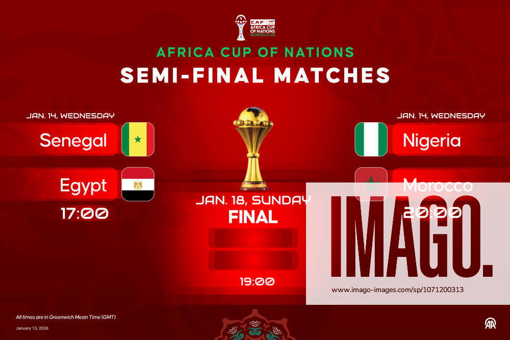 Africa Cup of Nations Semi-final matches ISTANBUL, TURKIYE - JANUARY 13: An infographic titled Africa Cup of Nations Semi-final matches created in Istanbul, Turkiye on January 13, 2026. Ufuk Celal Guzel Anadolu Istanbul Turkey. Editorial use only. Please get in touch for any other usage.