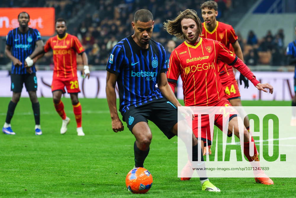 Andy Diouf of FC Internazionale competes for the ball with Antonino Gallo of US Lecce during Serie A 2025 26 football match between FC Internazionale and US Lecce at San Siro Stadium in Milan