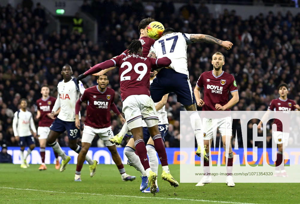 Tottenham Hotspur V West Ham. Premier League. GOAL. Cristian Romero (Spurs) scores the first Spurs goal during the Tottenham Hotspur V West Ham Premier League match at the Tottenham Hotspur Stadium, London. Tottenham Tottenham Hotspur Stadium UK
